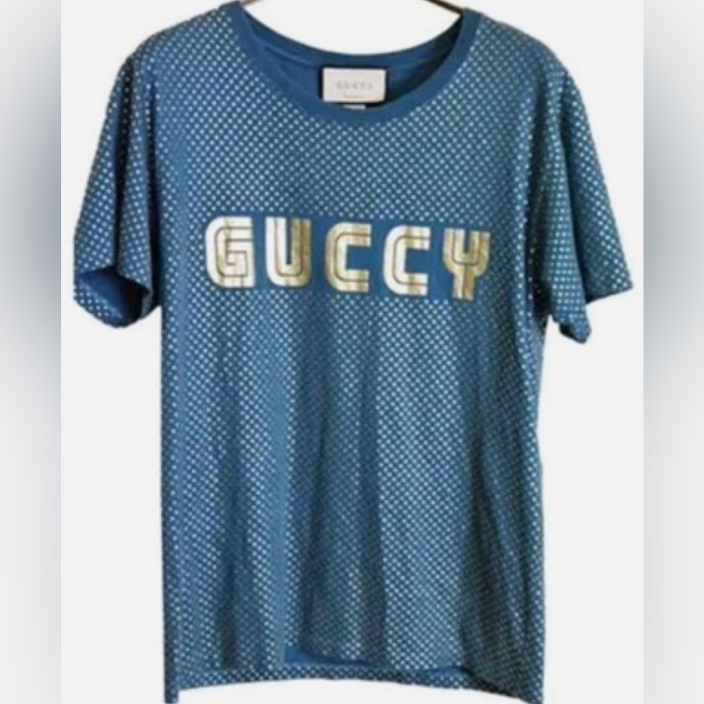 Gucci 🎄EUC Teal Tee XS with Gold Stars oversized will fit a M